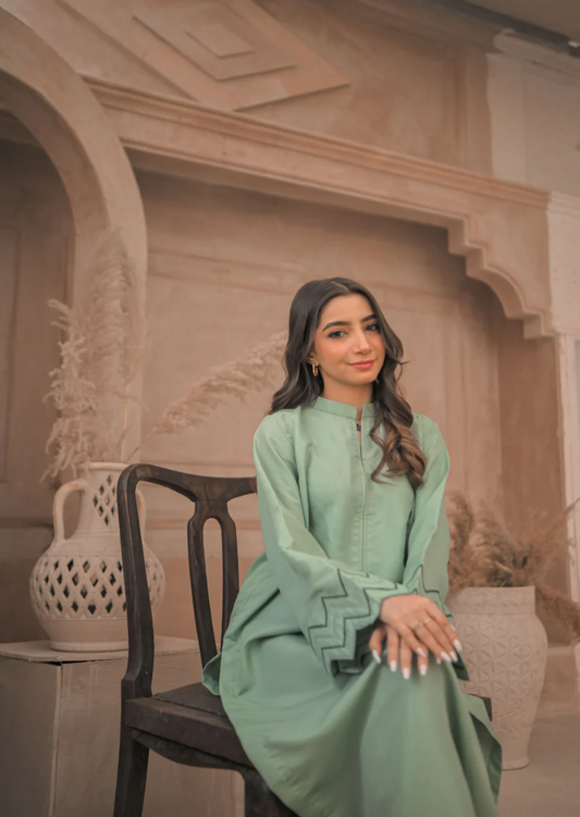 Apple Green Embroidered Two Piece Dress